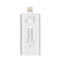 Metal USB and Lightning flash drive in silver colour for Android, PC, and iPhone.