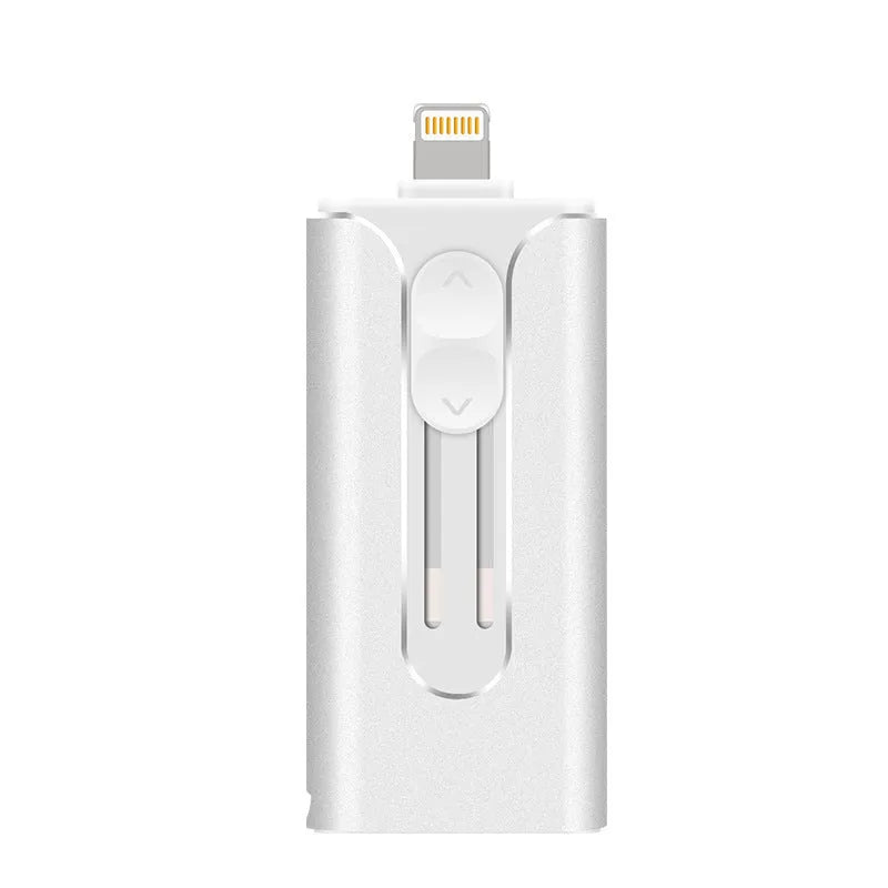 Metal USB and Lightning flash drive in silver colour for Android, PC, and iPhone.