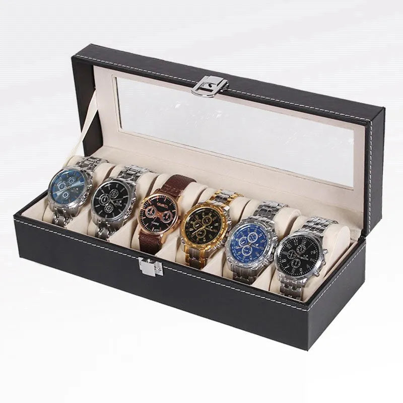 Black wooden watch display box with six window compartments for watch storage