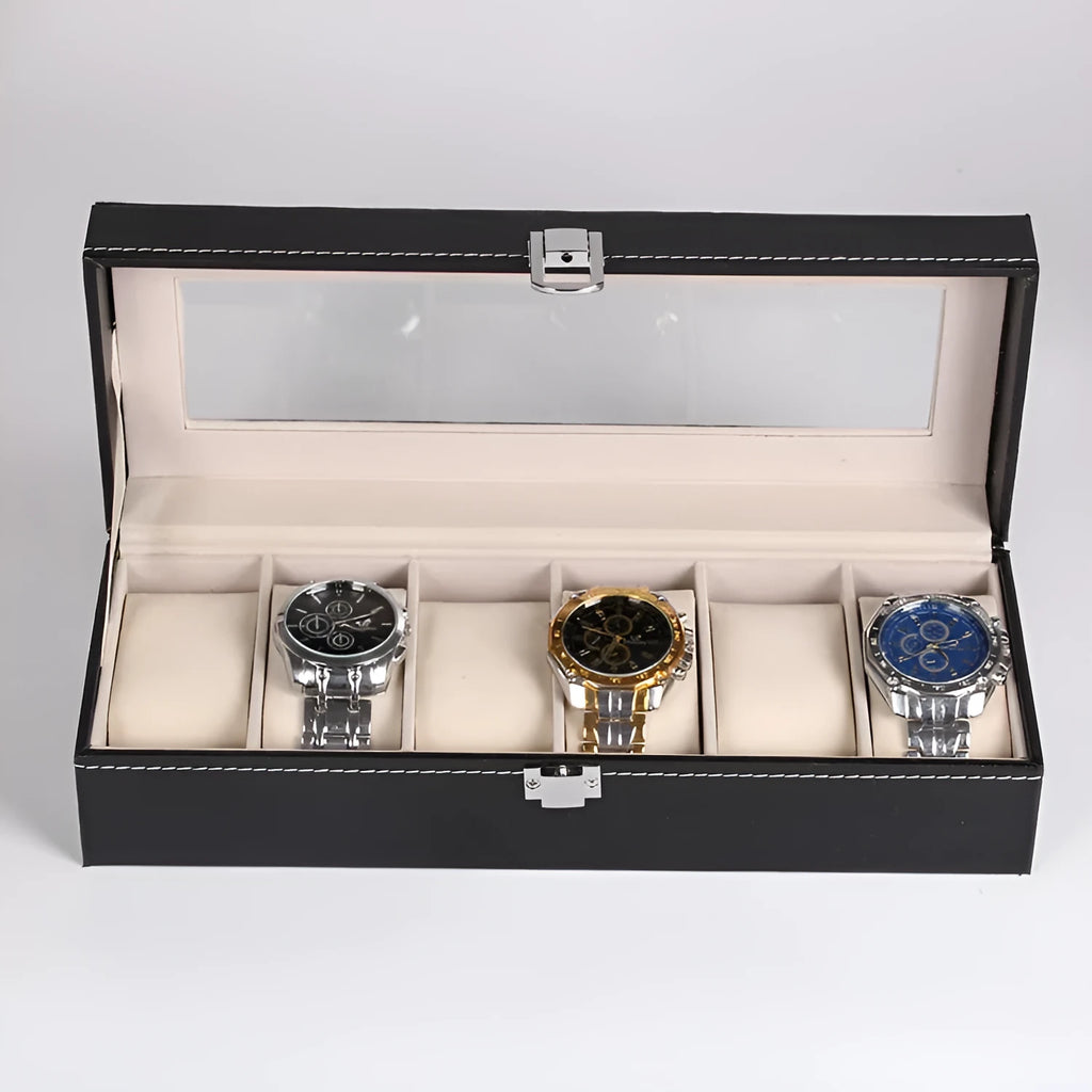 Black wooden watch display box with six window compartments for watch storage