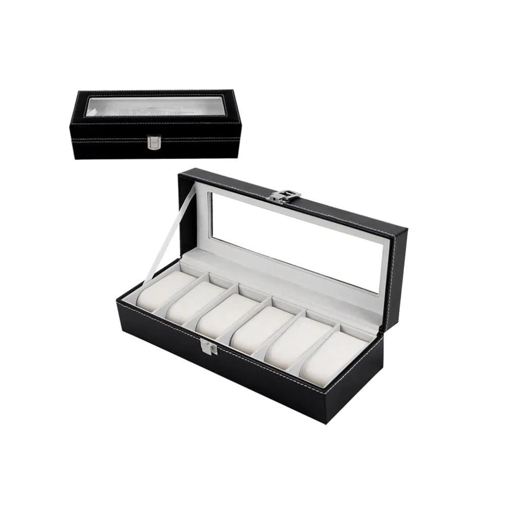 Black wooden watch display box with six window compartments for watch storage