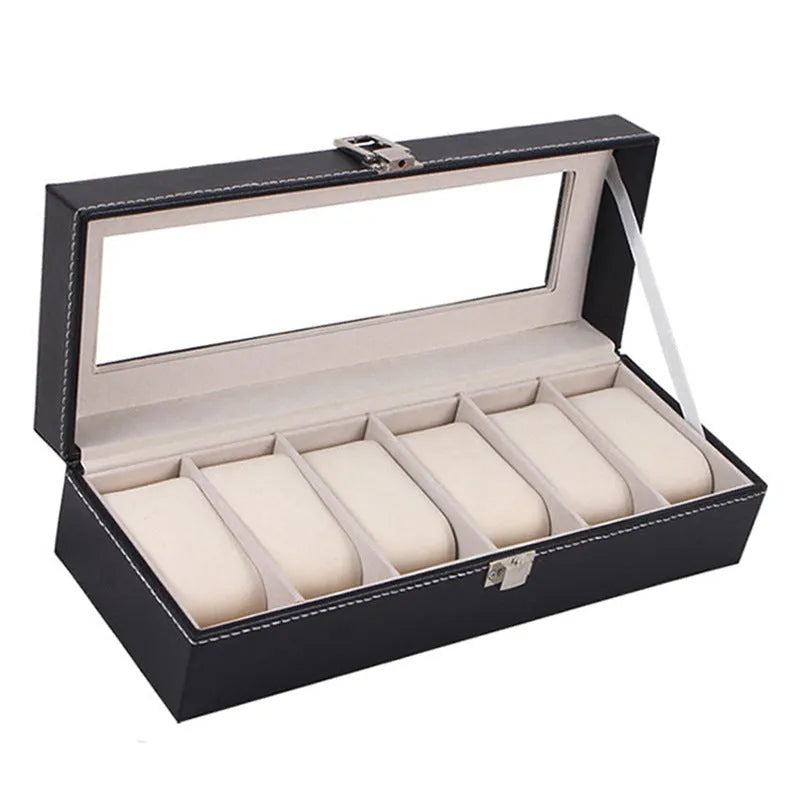 Black wooden watch display box with six window compartments for watch storage