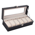 Black wooden watch display box with six window compartments for watch storage