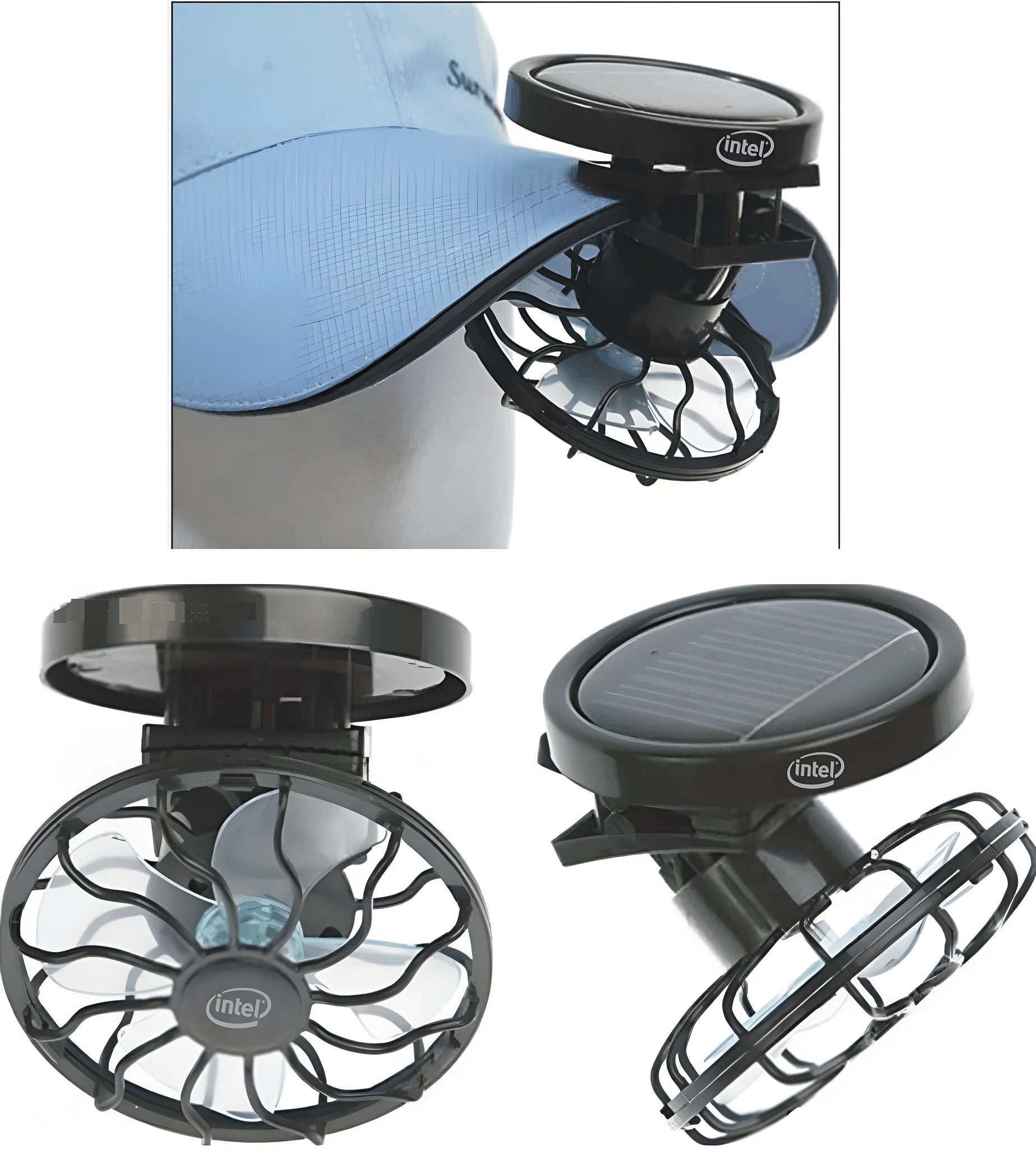 Black clip-on solar fan panel for outdoor cooling during camping and fishing.