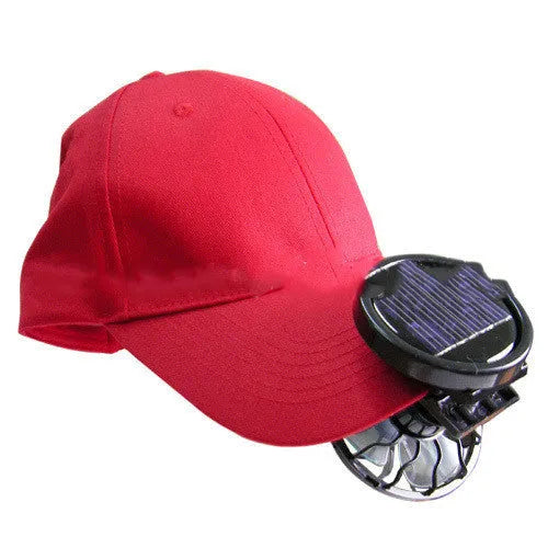 Black clip-on solar fan panel for outdoor cooling during camping and fishing.