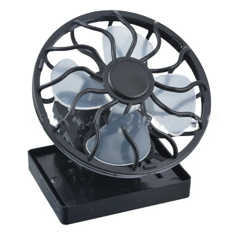 Black clip-on solar fan panel for outdoor cooling during camping and fishing.