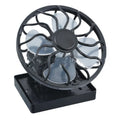 Black clip-on solar fan panel for outdoor cooling during camping and fishing.