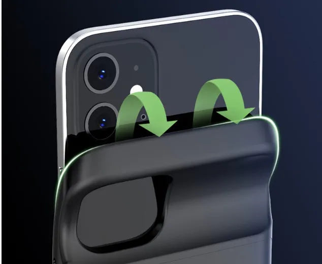Black ultra-thin back clip battery attached to an iPhone 12, showing its slim profile and clip design.