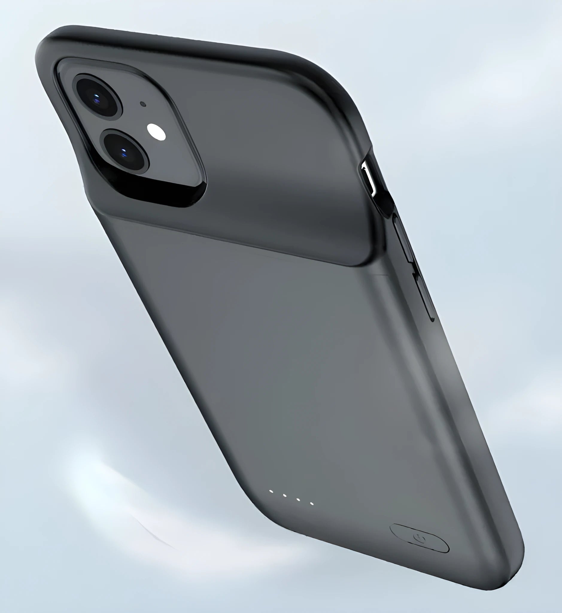 Black ultra-thin back clip battery attached to an iPhone 12, showing its slim profile and clip design.
