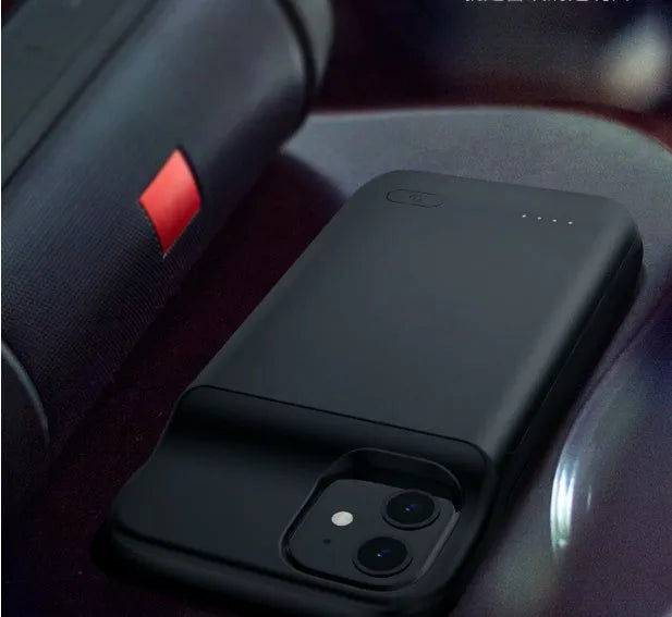 Black ultra-thin back clip battery attached to an iPhone 12, showing its slim profile and clip design.
