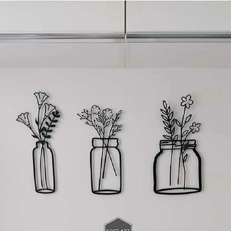 Black handmade iron flower silhouette wall decoration, 40cm wide metal wall hanging