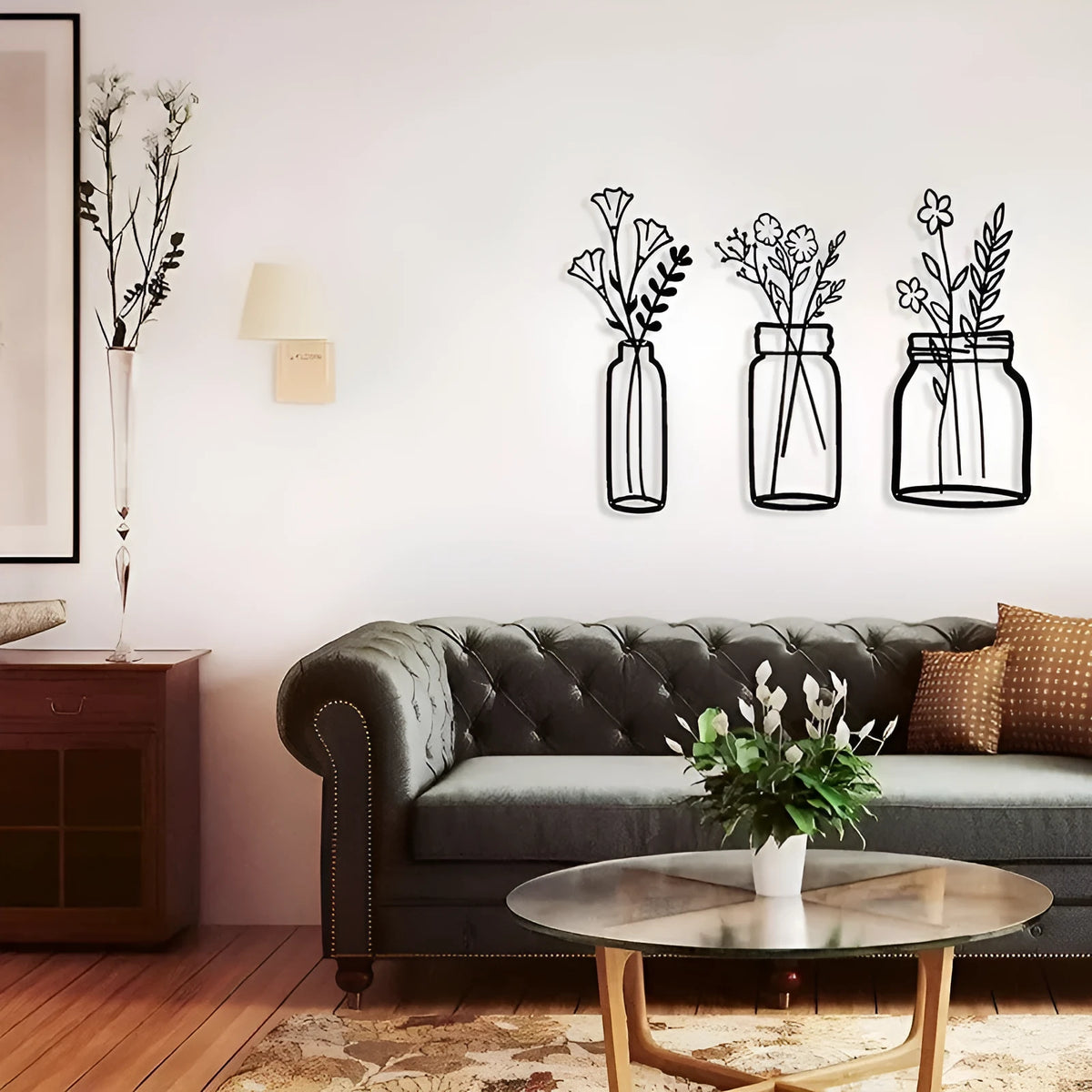 Black handmade iron flower silhouette wall decoration, 40cm wide metal wall hanging