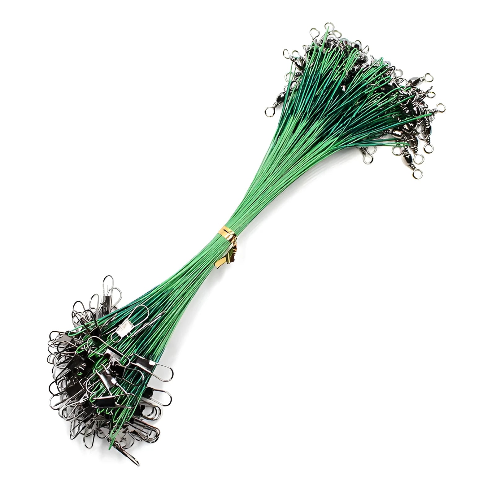 20 pack of anti bite steel wire fishing leaders with swivel in black and green, lengths 15-30cm