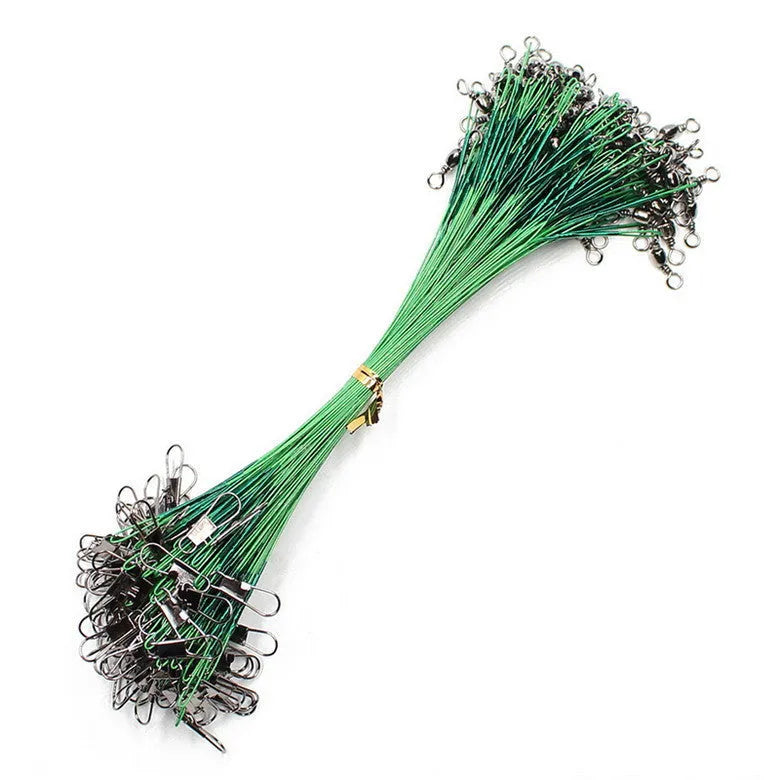 20 pack of anti bite steel wire fishing leaders with swivel in black and green, lengths 15-30cm