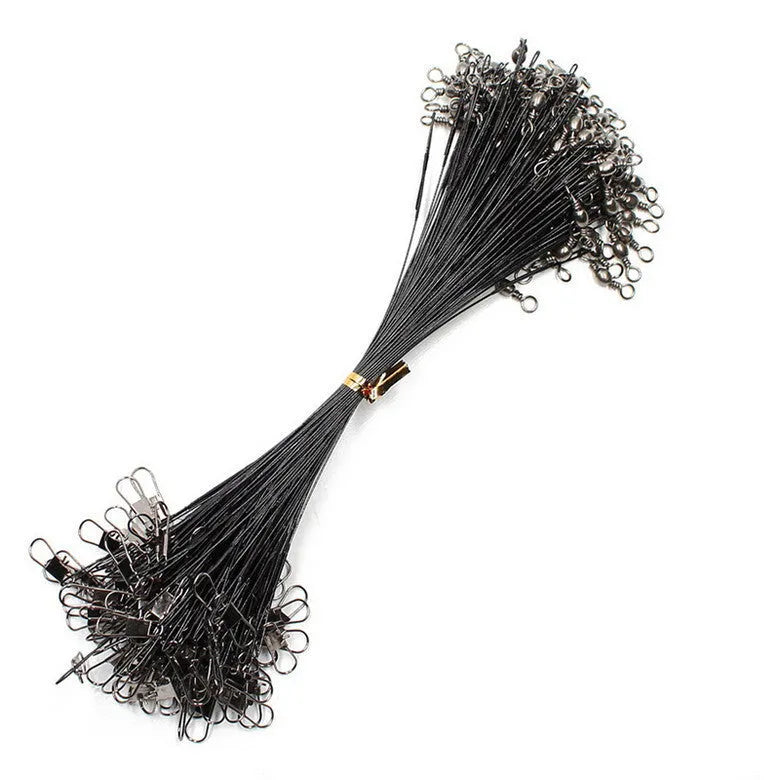 20 pack of anti bite steel wire fishing leaders with swivel in black and green, lengths 15-30cm