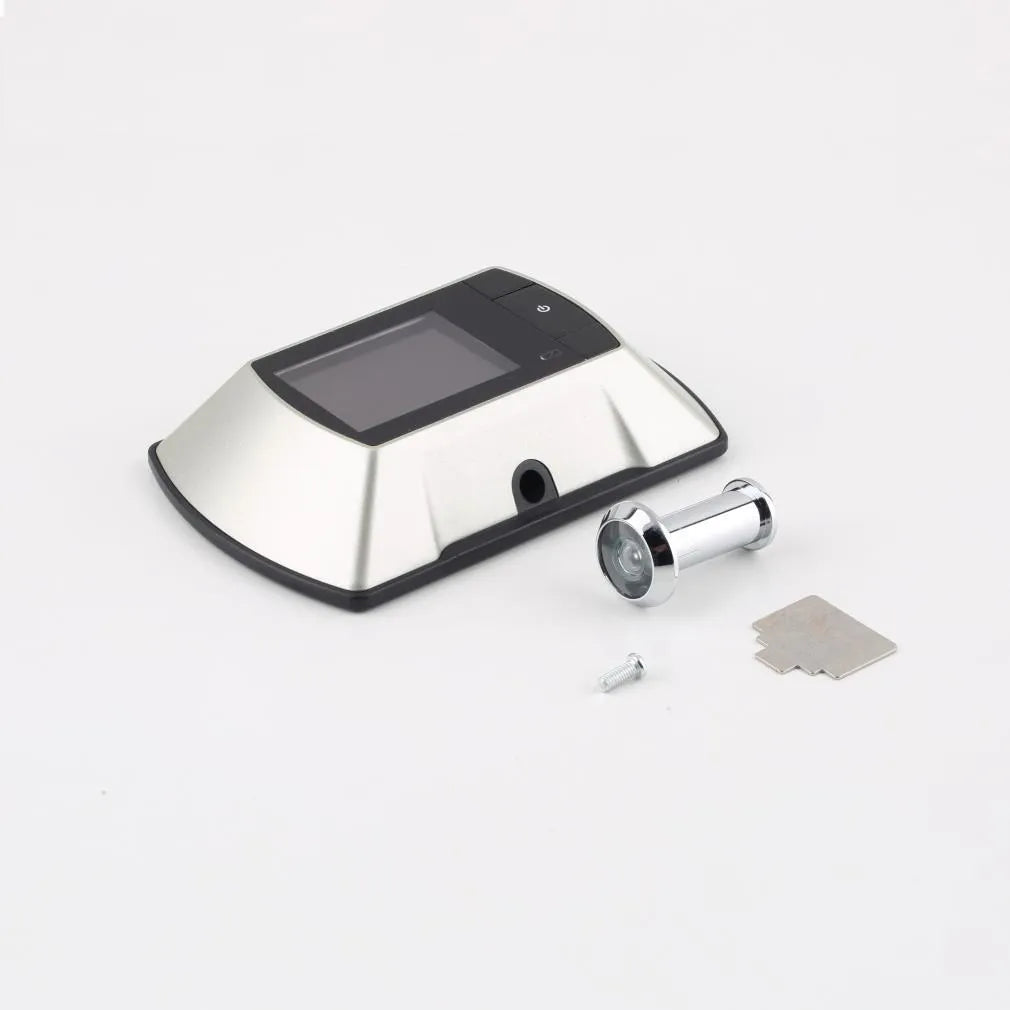 LCD digital door peephole viewer with indoor monitor and outdoor camera for wireless home security.