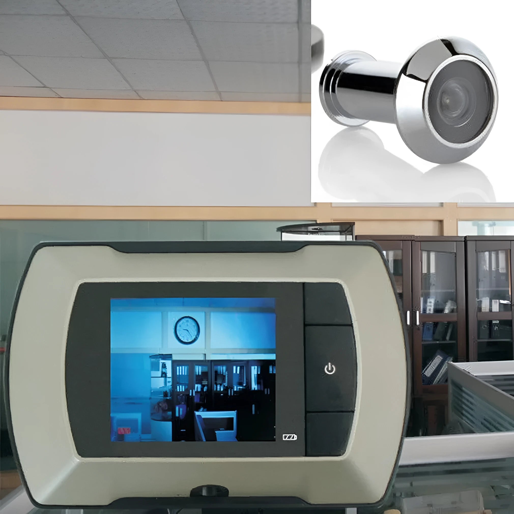LCD digital door peephole viewer with indoor monitor and outdoor camera for wireless home security.