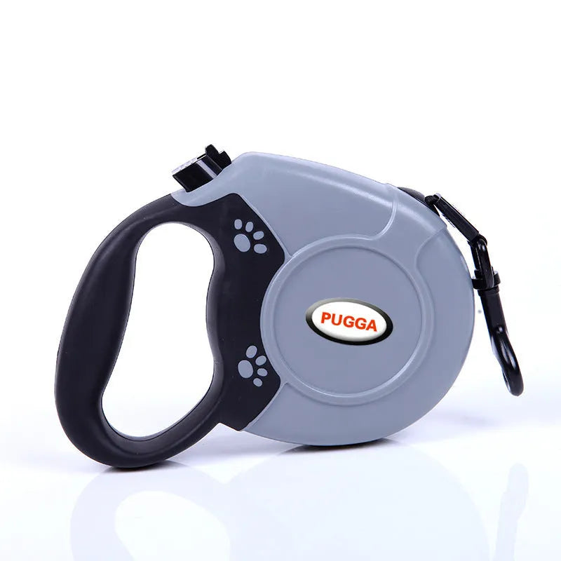 Pet retractable dog leash with ABS plastic shell, nylon rope, and stainless steel buckle in black available in 5m and 8m lengths
