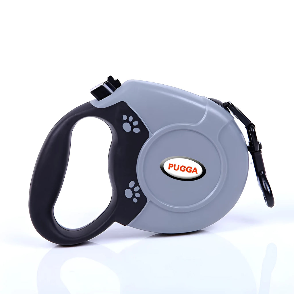 Pet retractable dog leash with ABS plastic shell, nylon rope, and stainless steel buckle in black available in 5m and 8m lengths