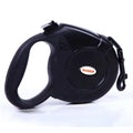 Pet retractable dog leash with ABS plastic shell, nylon rope, and stainless steel buckle in black available in 5m and 8m lengths