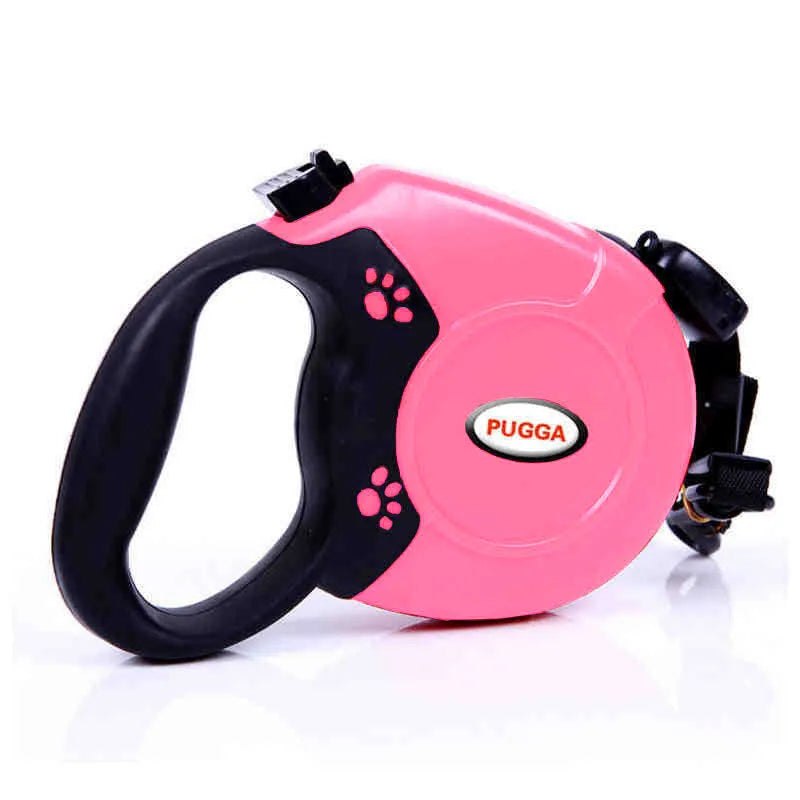 Pet retractable dog leash with ABS plastic shell, nylon rope, and stainless steel buckle in black available in 5m and 8m lengths