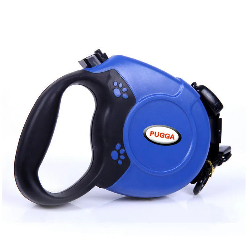 Pet retractable dog leash with ABS plastic shell, nylon rope, and stainless steel buckle in black available in 5m and 8m lengths