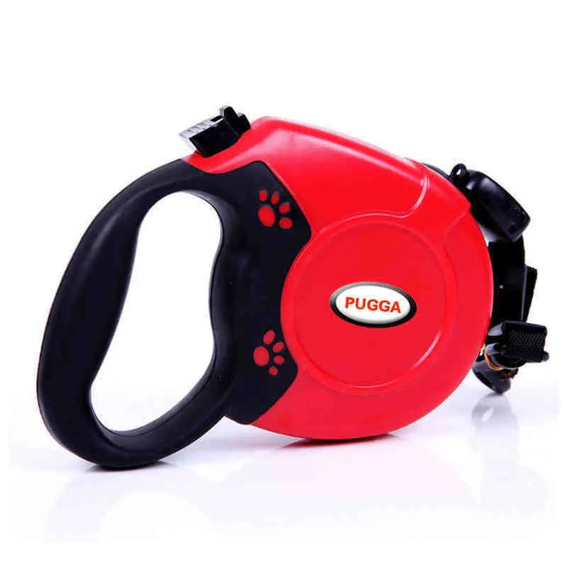 Pet retractable dog leash with ABS plastic shell, nylon rope, and stainless steel buckle in black available in 5m and 8m lengths