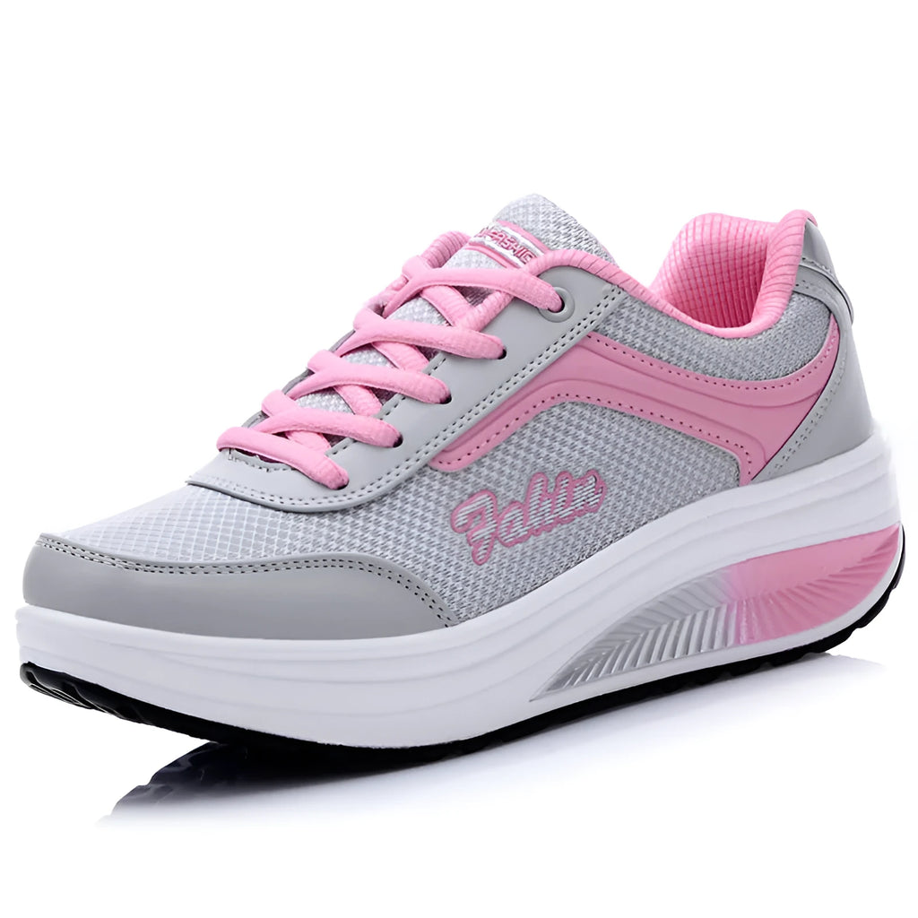 Women's low-heel sports shoe in a selection of colours including grey powder and yellow.
