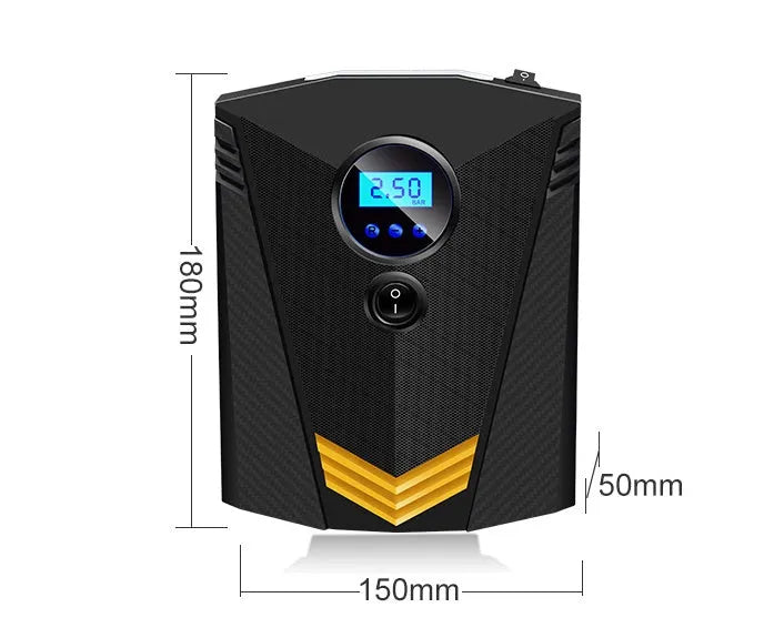 Black 12V single cylinder digital tyre inflator with pressure gauge and automatic charging displayed on dark surface