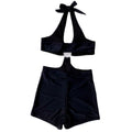 Black women's gathered three-point one-piece floral swimsuit with open back and chest pad, quick-drying nylon fabric