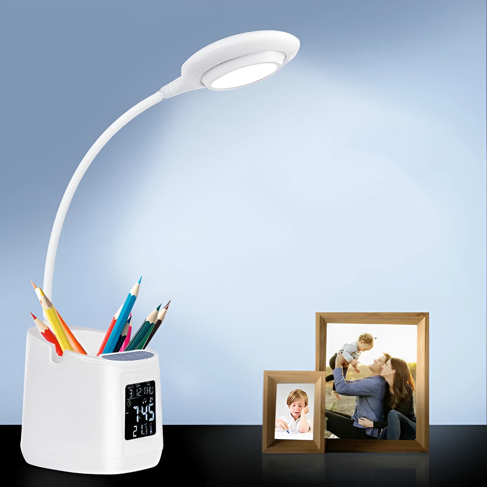 White desk lamp with touch switch and USB cable for eye protection during study