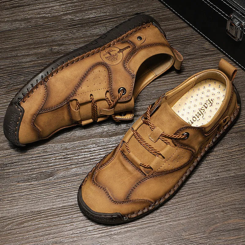 Men's casual leather shoes with round toe design in black, gold and khaki colour options