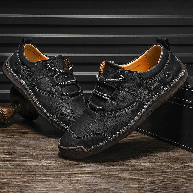 Men's casual leather shoes with round toe design in black, gold and khaki colour options