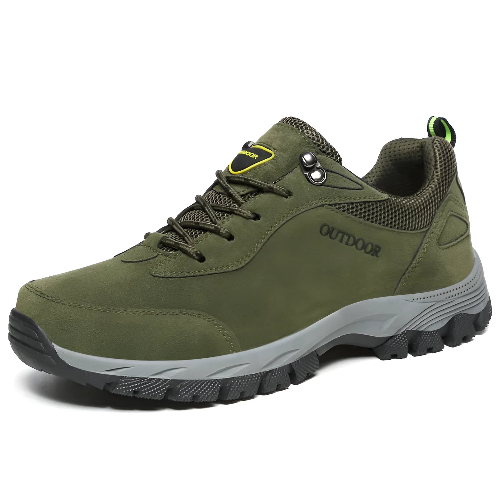 Men's low-cut outdoor hiking shoes in Army Green, showing the mesh lining and leisure design.