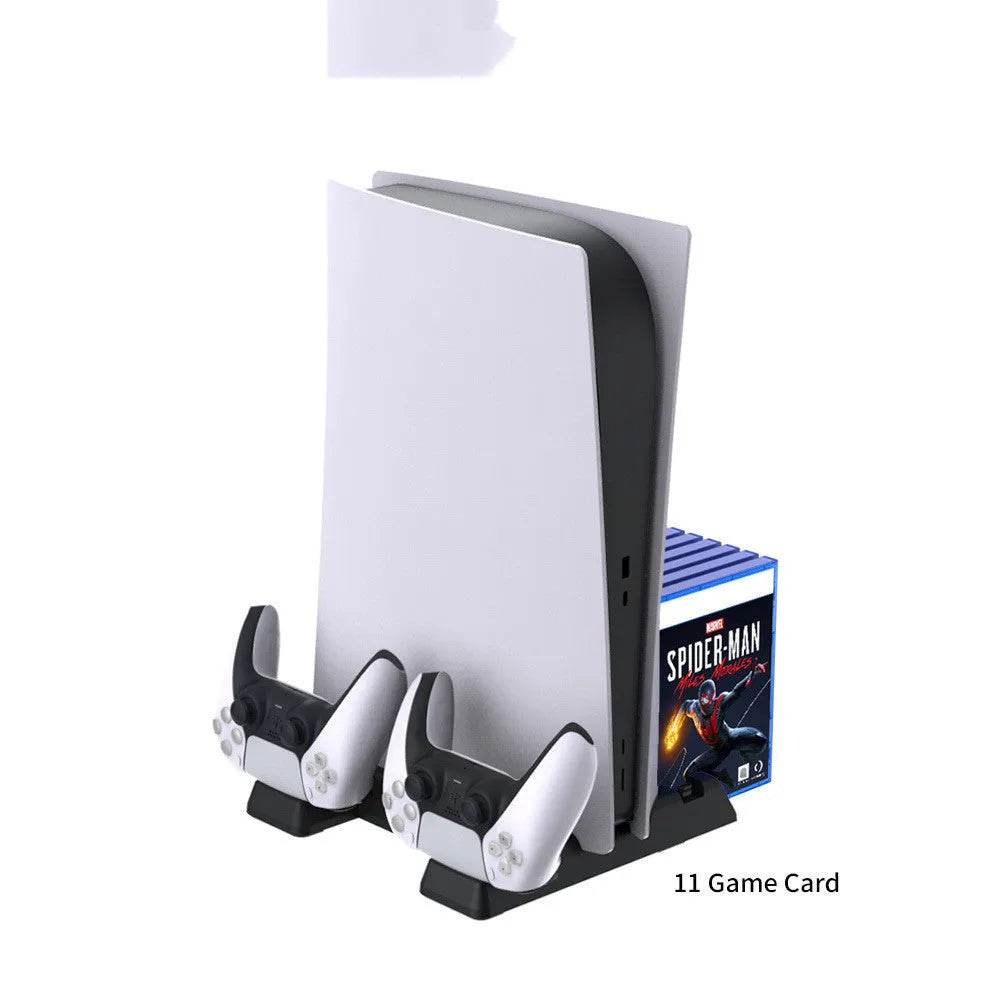 PS5 multi-function fan base in black with dual controller charging and 11 disc storage slots