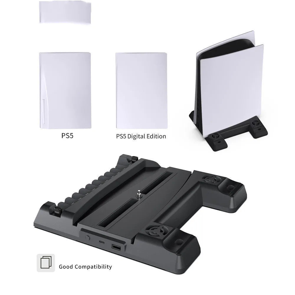 PS5 multi-function fan base in black with dual controller charging and 11 disc storage slots
