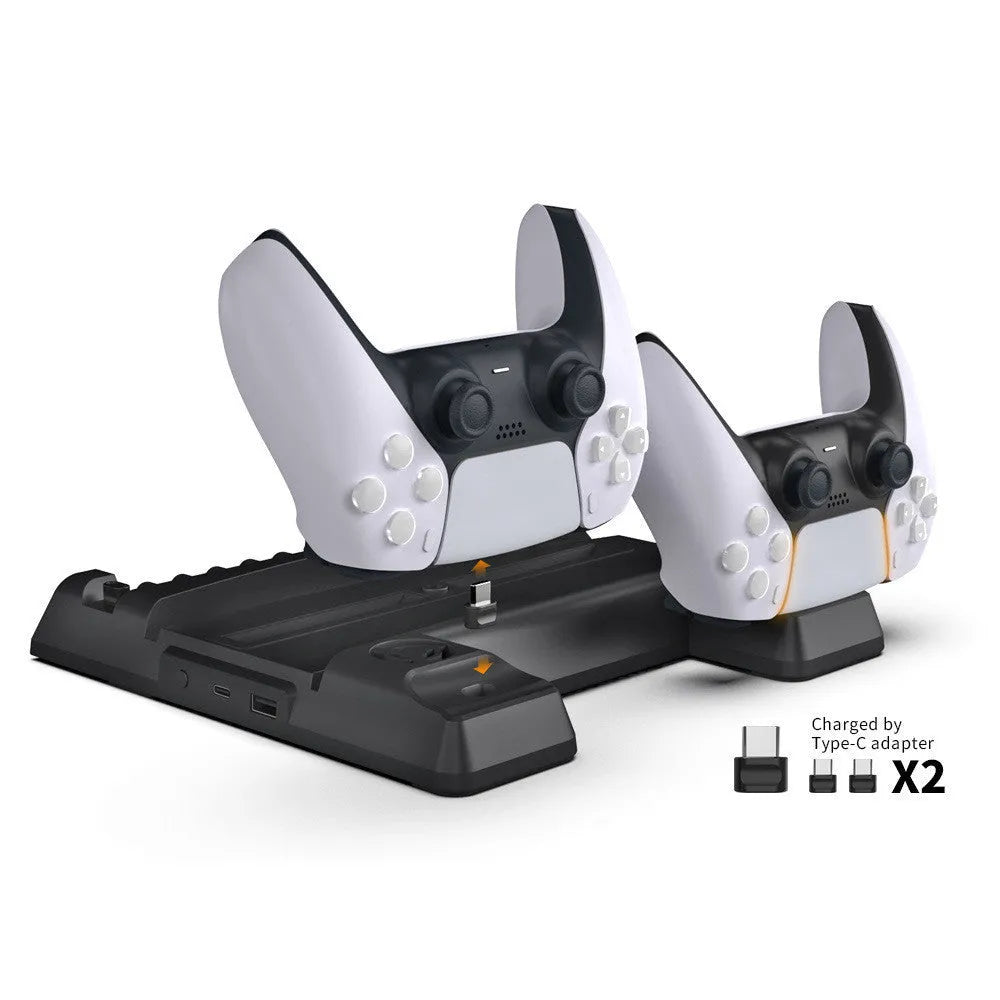 PS5 multi-function fan base in black with dual controller charging and 11 disc storage slots