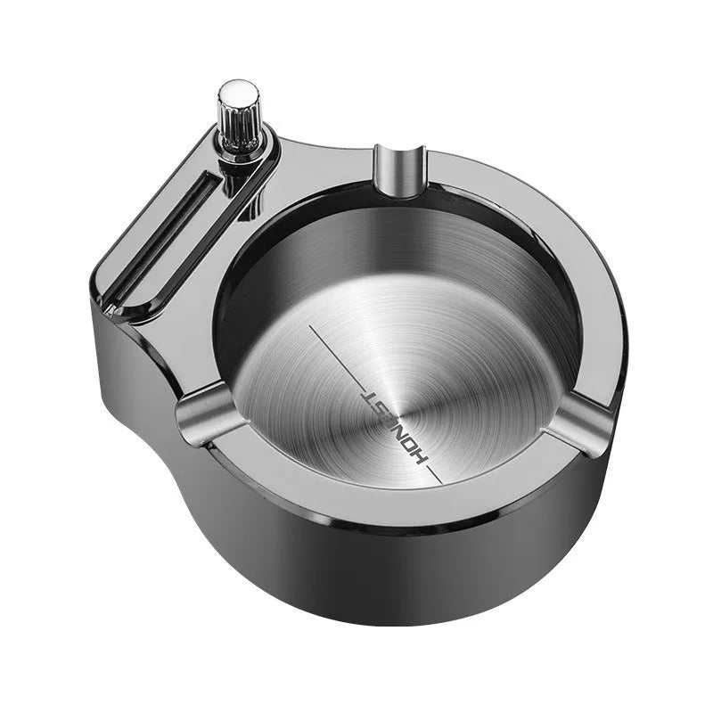 Large blue metal ashtray with integrated sliding stick permanent match lighter and three cigarette slots.