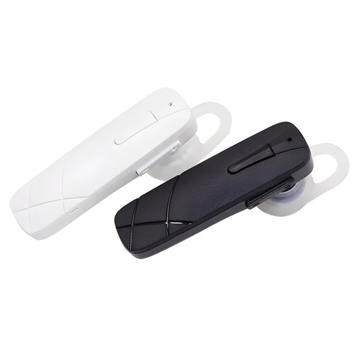 Black and white wireless Bluetooth stereo headset with earplug design showing multipoint connection capability