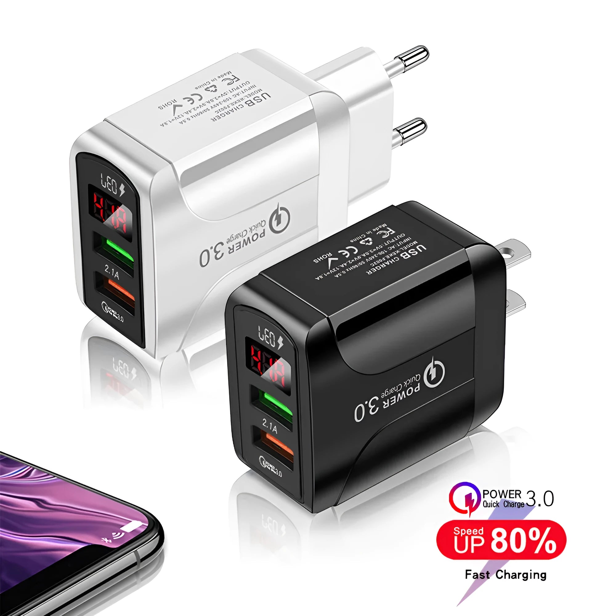 Butterfly digital display travel charger in black or white for European UK US outlets