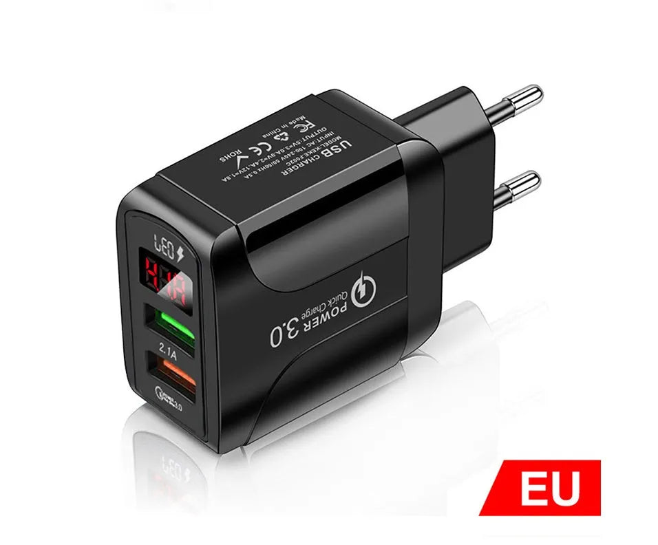 Butterfly digital display travel charger in black or white for European UK US outlets