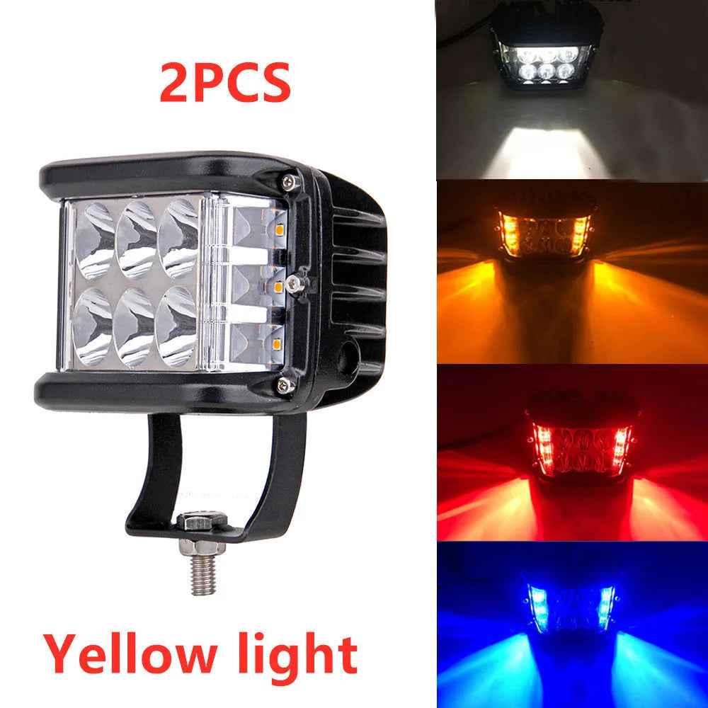 45W LED work light with aluminium alloy housing, 7800LM output, 12-24V voltage and three-sided two-colour yellow design