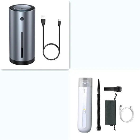 Baseus wireless handheld car vacuum cleaner in black, shown with blowing hose attachment and Type-C charging cable.