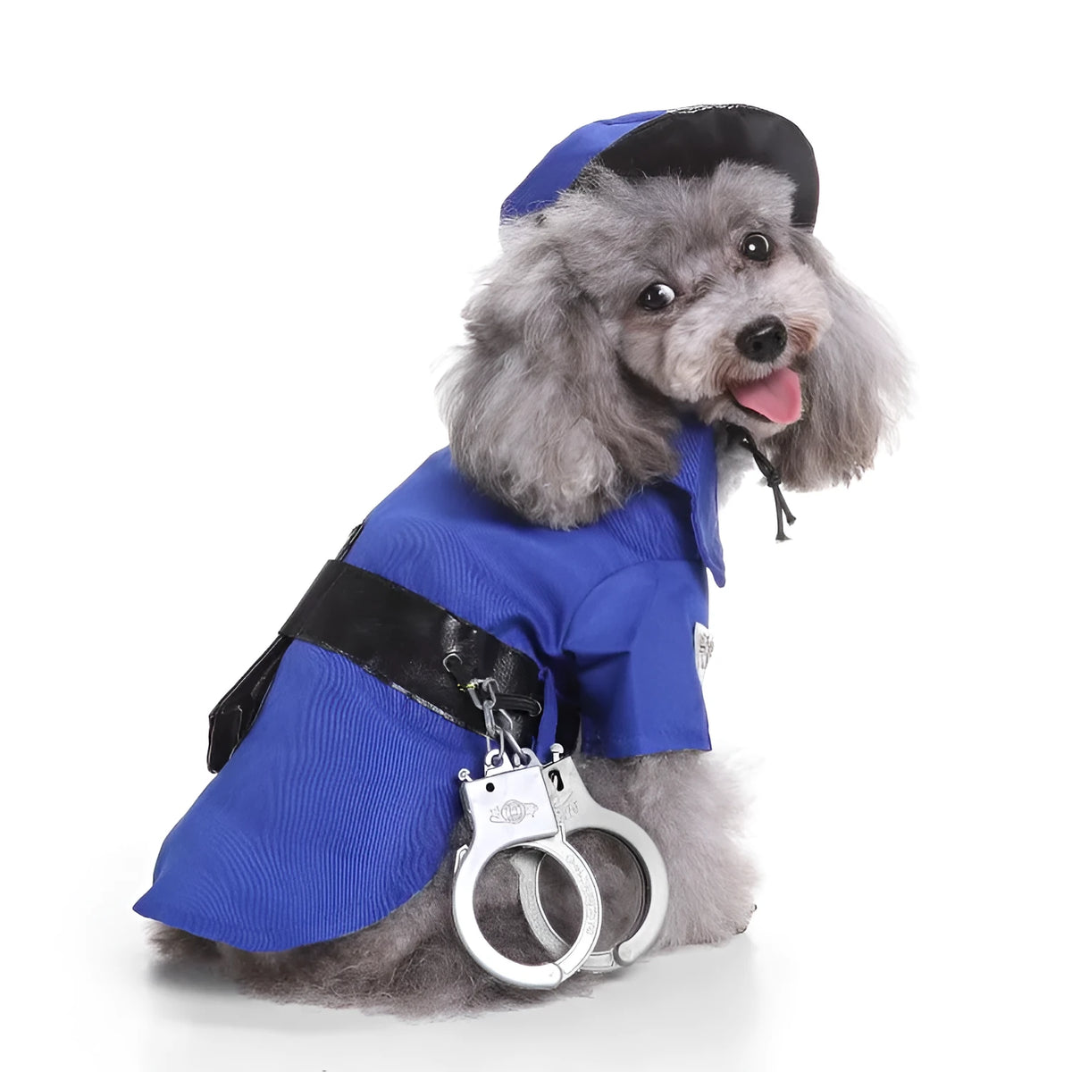 Blue dog police suit Halloween costume set in polyester, available in sizes S, M, L and XL for pet dress-up