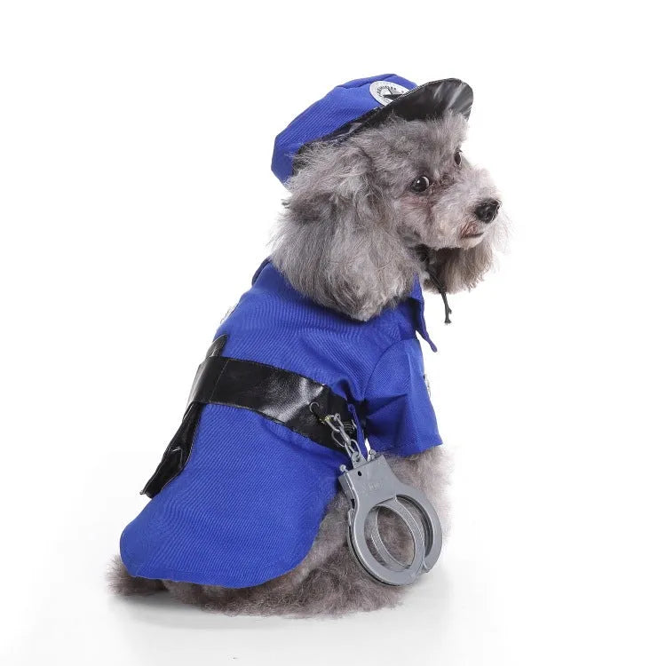 Blue dog police suit Halloween costume set in polyester, available in sizes S, M, L and XL for pet dress-up