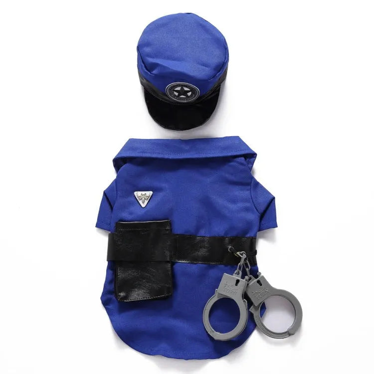 Blue dog police suit Halloween costume set in polyester, available in sizes S, M, L and XL for pet dress-up