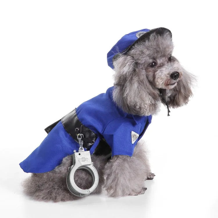 Blue dog police suit Halloween costume set in polyester, available in sizes S, M, L and XL for pet dress-up