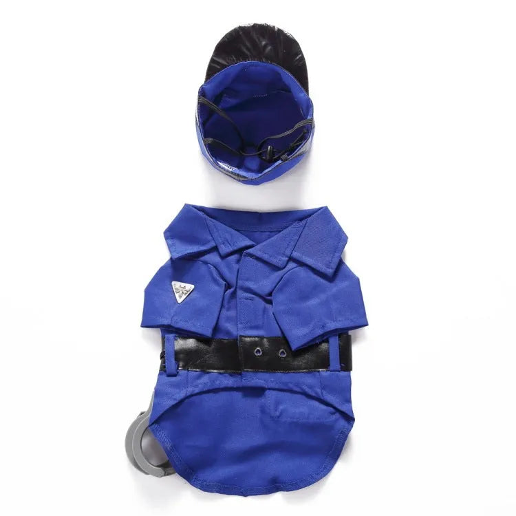 Blue dog police suit Halloween costume set in polyester, available in sizes S, M, L and XL for pet dress-up