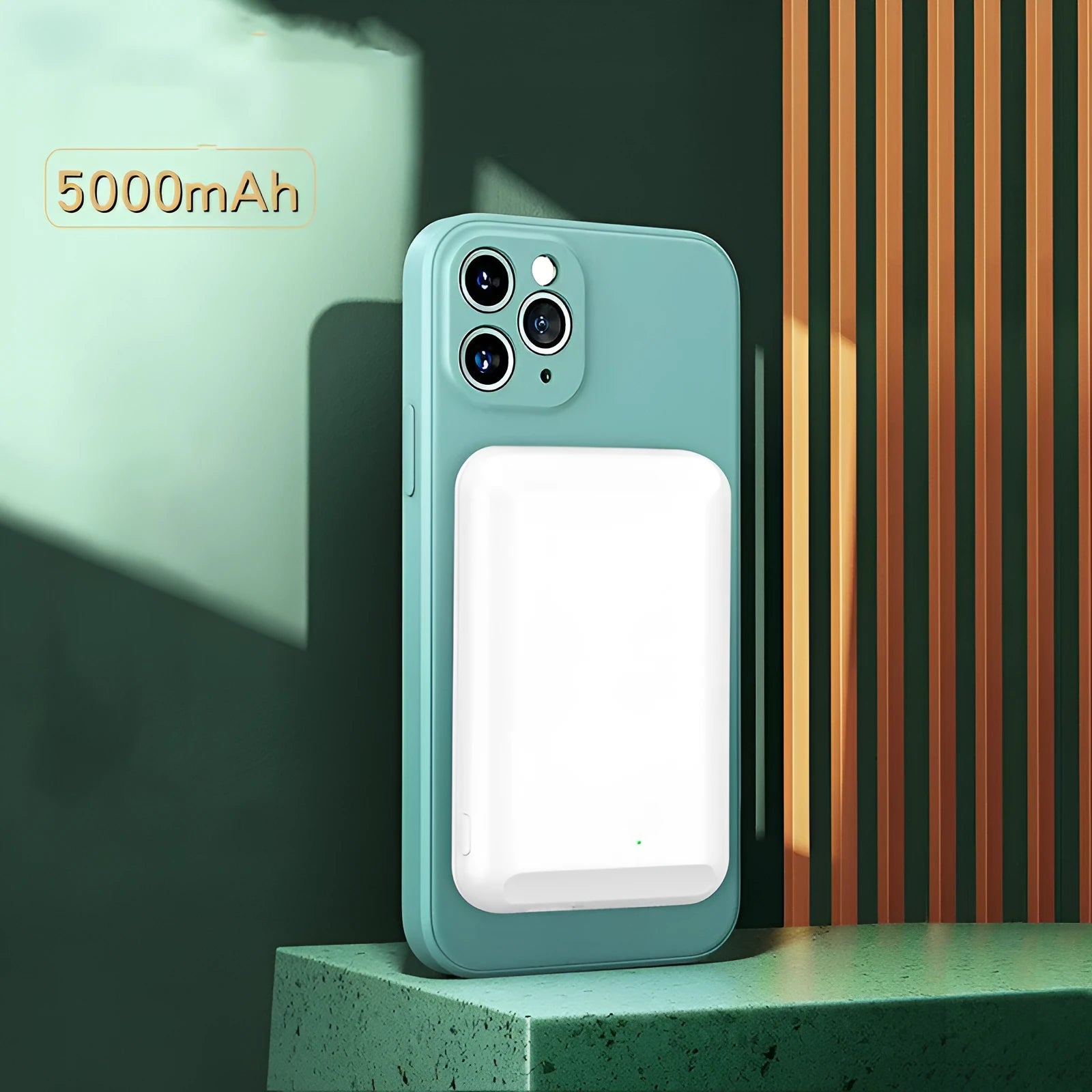 A black magnetic wireless power bank attached to the back of an iPhone for charging.