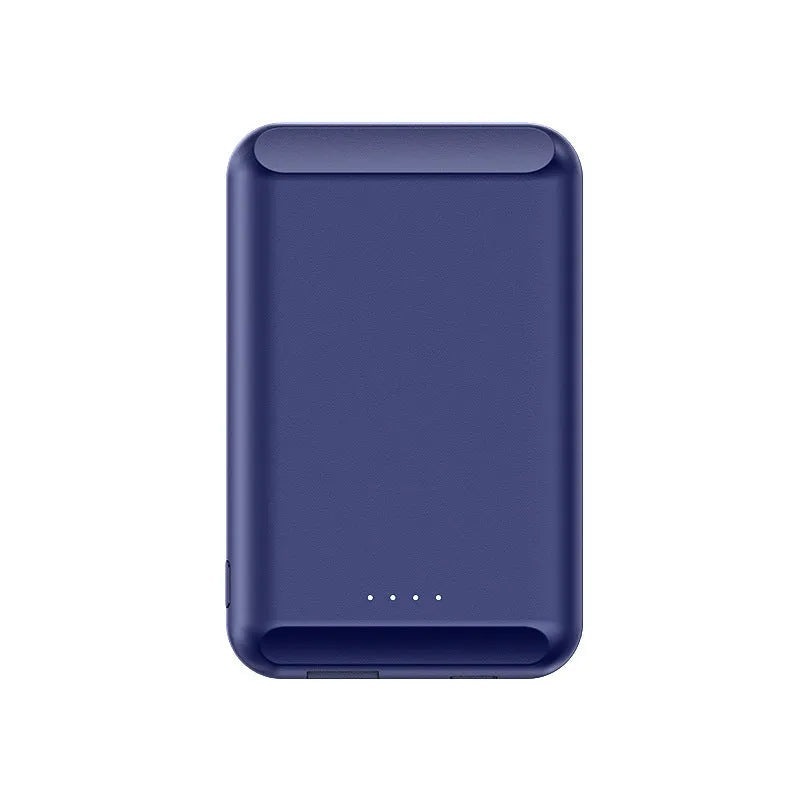 A black magnetic wireless power bank attached to the back of an iPhone for charging.